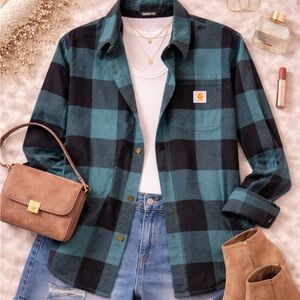 Carhartt Rugged Flex Buffalo Plaid Flannel Shirt M 8–10 Teal Black